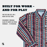 Colorful patterned shirt with promotional text on a white background