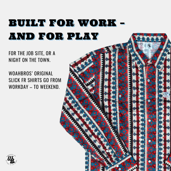 Colorful patterned shirt with promotional text on a white background