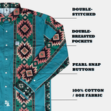Teal shirt with geometric pattern and text highlighting features on a white background