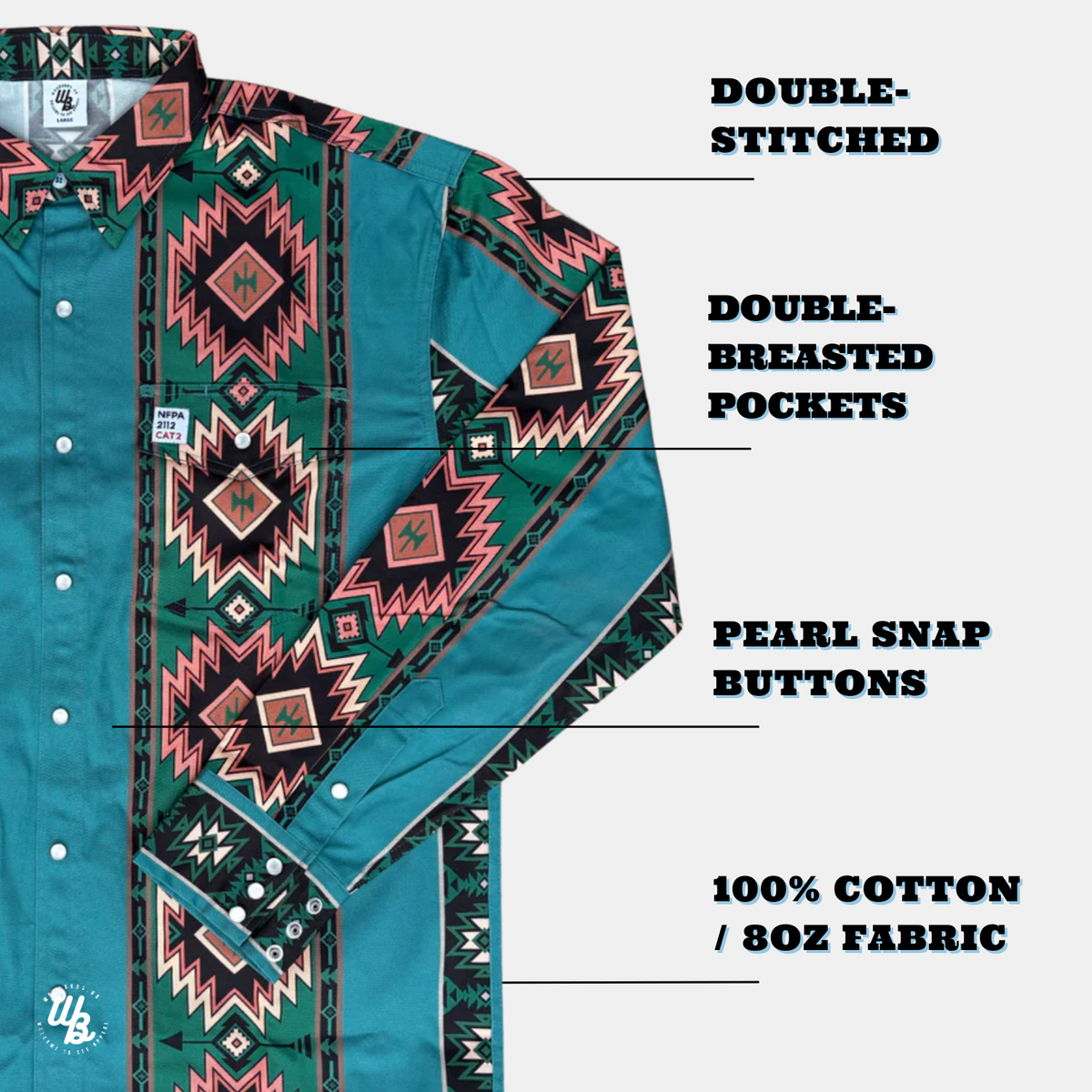 Teal shirt with geometric pattern and text highlighting features on a white background