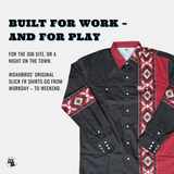 Black shirt with red and white pattern on sleeves and collar, text about versatility of shirt.