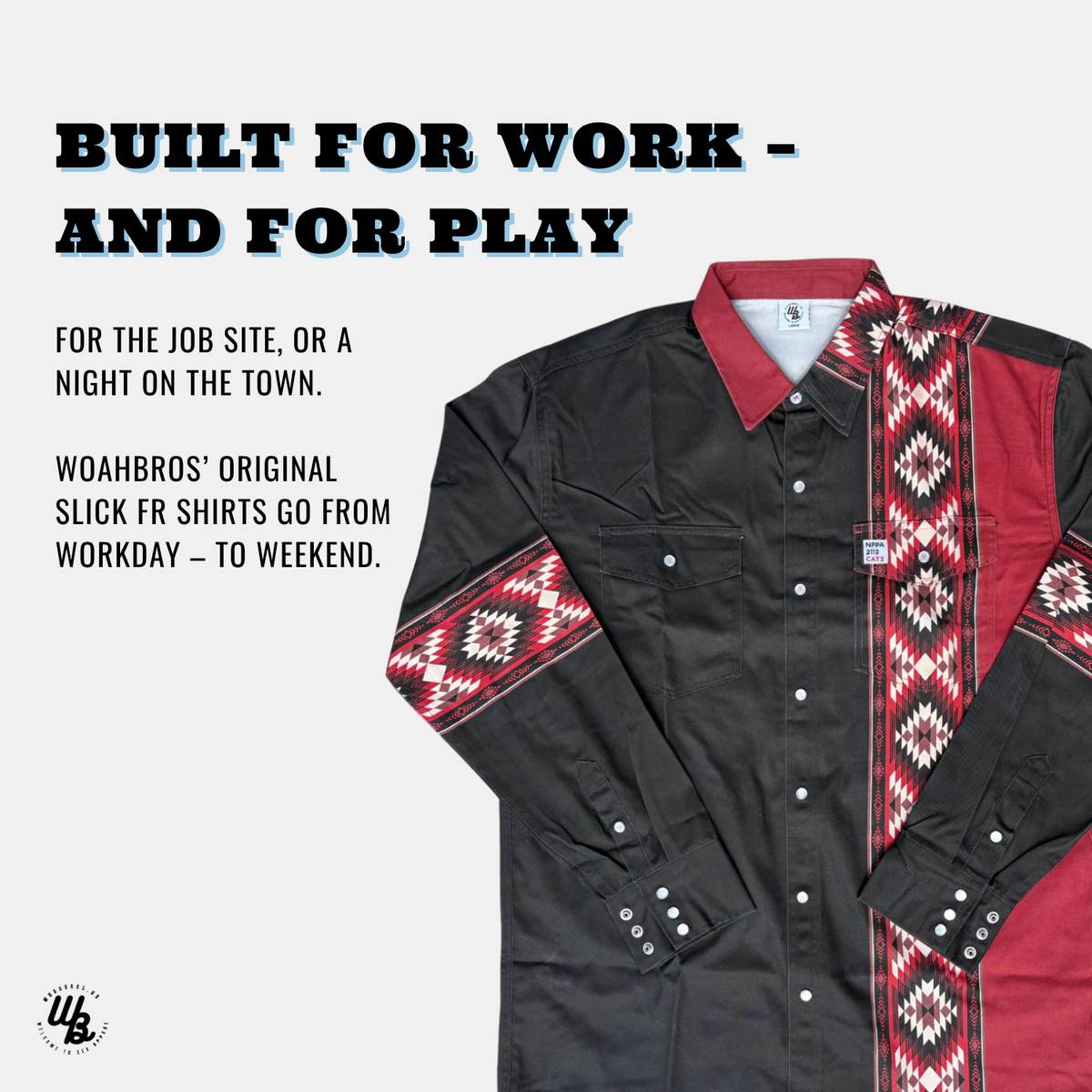 Black shirt with red and white pattern on sleeves and collar, text about versatility of shirt.