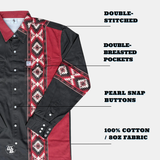 Black and red patterned shirt with text highlighting features on a white background