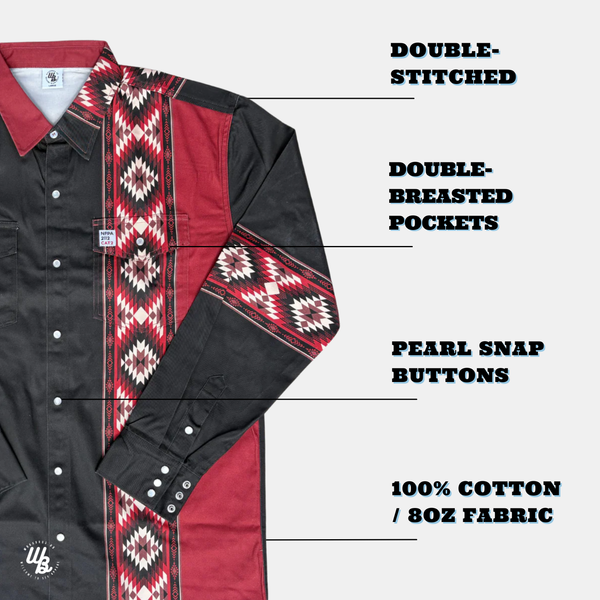 Black and red patterned shirt with text highlighting features on a white background
