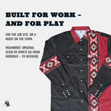 Black shirt with red and white pattern on sleeves and collar, text about versatility of shirt.