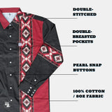 Black and red patterned shirt with text highlighting features on a white background