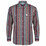 WhoaBros FR Long-sleeve work shirt with a red, blue, and white geometric pattern on a white background