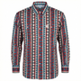 WhoaBros FR Long-sleeve work shirt with a red, blue, and white geometric pattern on a white background