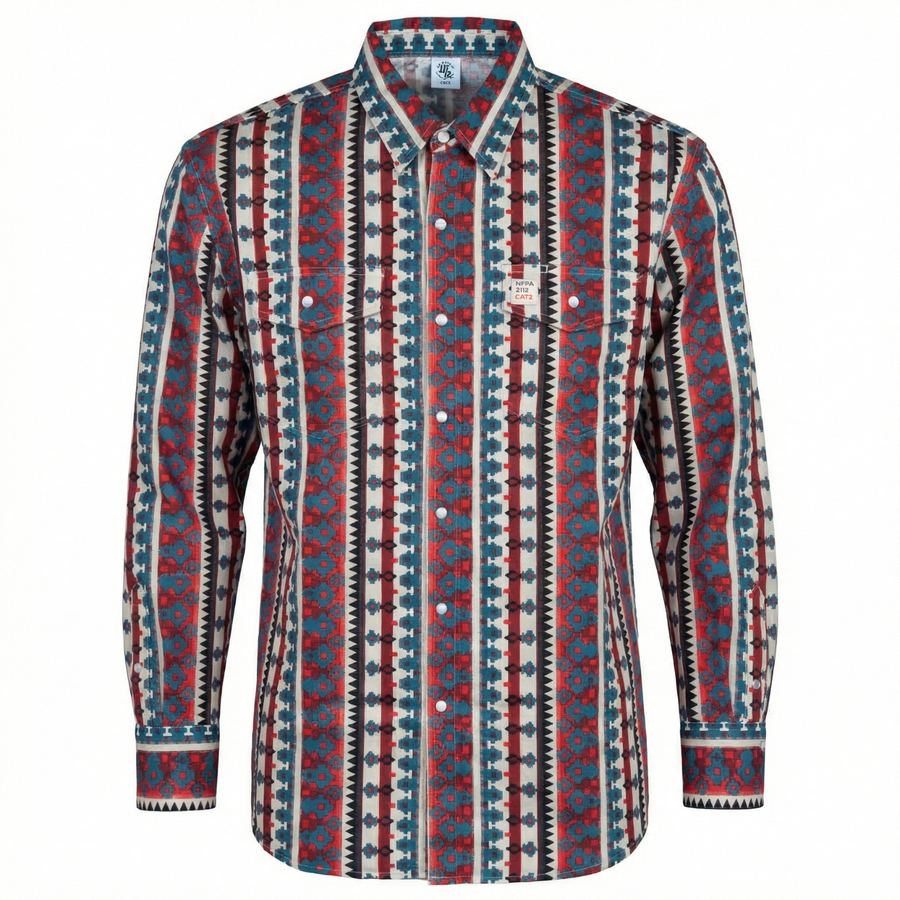 WhoaBros FR Long-sleeve work shirt with a red, blue, and white geometric pattern on a white background