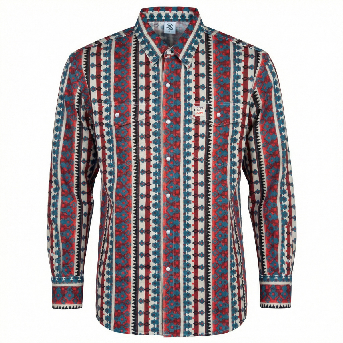 WhoaBros FR Long-sleeve work shirt with a red, blue, and white geometric pattern on a white background