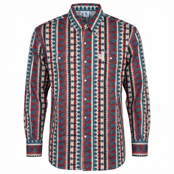 WhoaBros FR Long-sleeve work shirt with a red, blue, and white geometric pattern on a white background