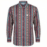 WhoaBros FR Long-sleeve work shirt with a red, blue, and white geometric pattern on a white background