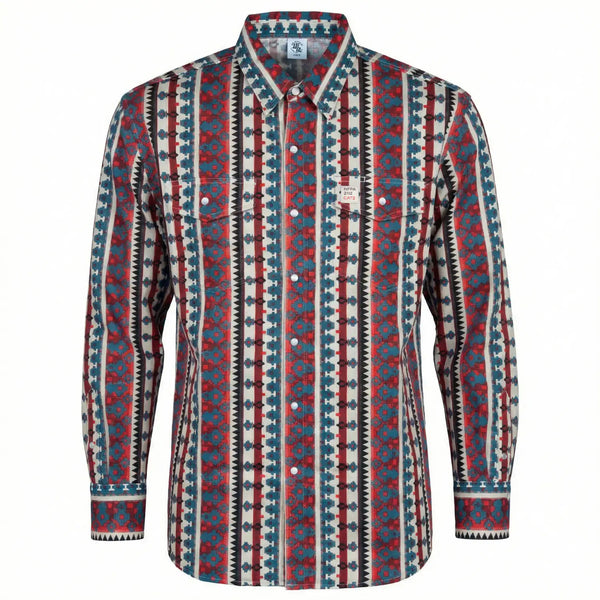 WhoaBros FR Long-sleeve work shirt with a red, blue, and white geometric pattern on a white background