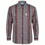 WhoaBros FR Long-sleeve work shirt with a red, blue, and white geometric pattern on a white background