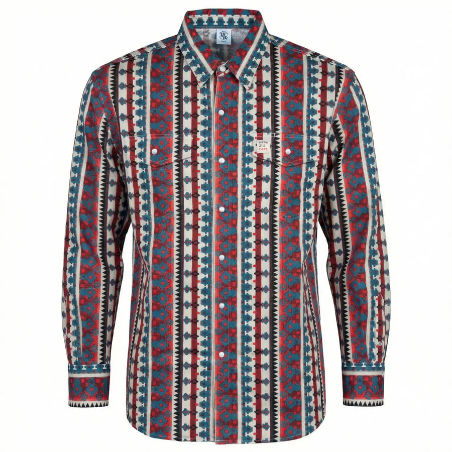 WhoaBros FR Long-sleeve work shirt with a red, blue, and white geometric pattern on a white background