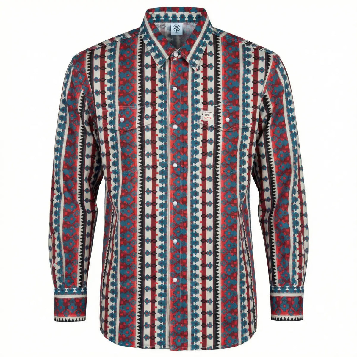 WhoaBros FR Long-sleeve work shirt with a red, blue, and white geometric pattern on a white background
