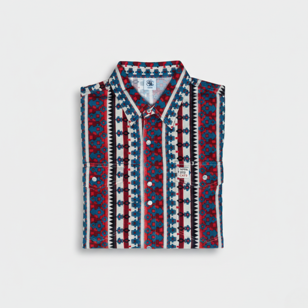 Patterned shirt with red, blue, and white design on a light gray background