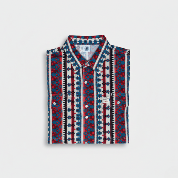 Patterned shirt with red, blue, and white design on a light gray background