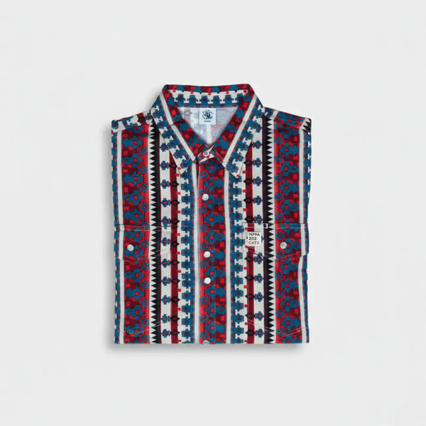 Patterned shirt with red, blue, and white design on a light gray background