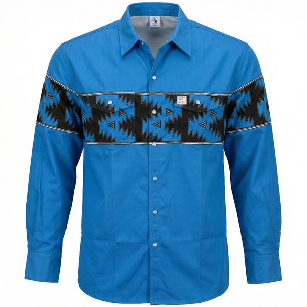 Blue FR Cotton Workshirt with black geometric pattern on a white background
