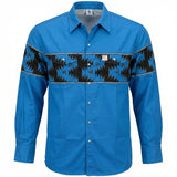 Blue FR Cotton Workshirt with black geometric pattern on a white background
