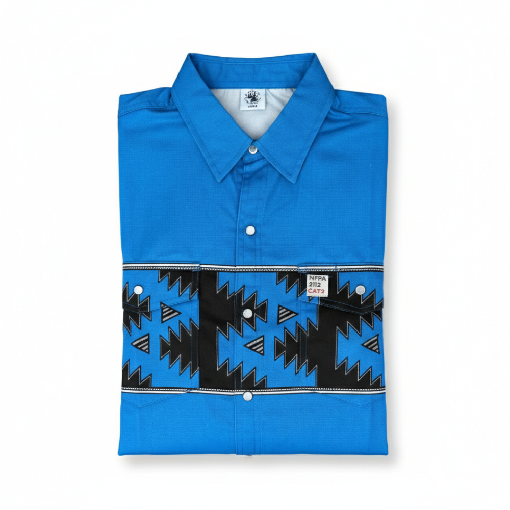 Folded blue shirt with black geometric pattern on a white background