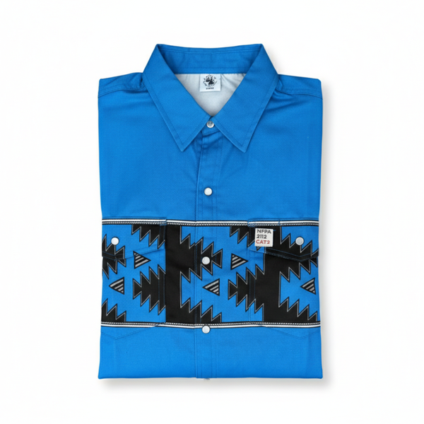 Folded blue shirt with black geometric pattern on a white background