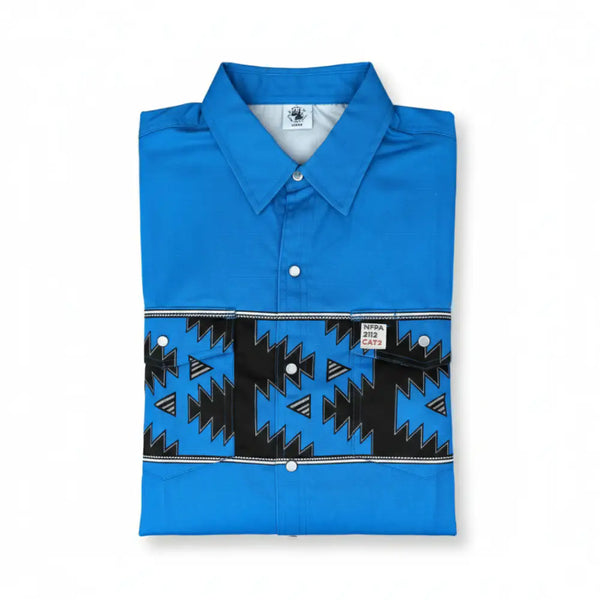 Folded blue shirt with black geometric pattern on a white background