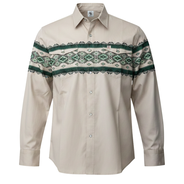 Beige shirt with green and white pattern on a white background