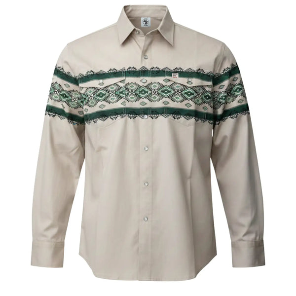 Beige shirt with green and white pattern on a white background