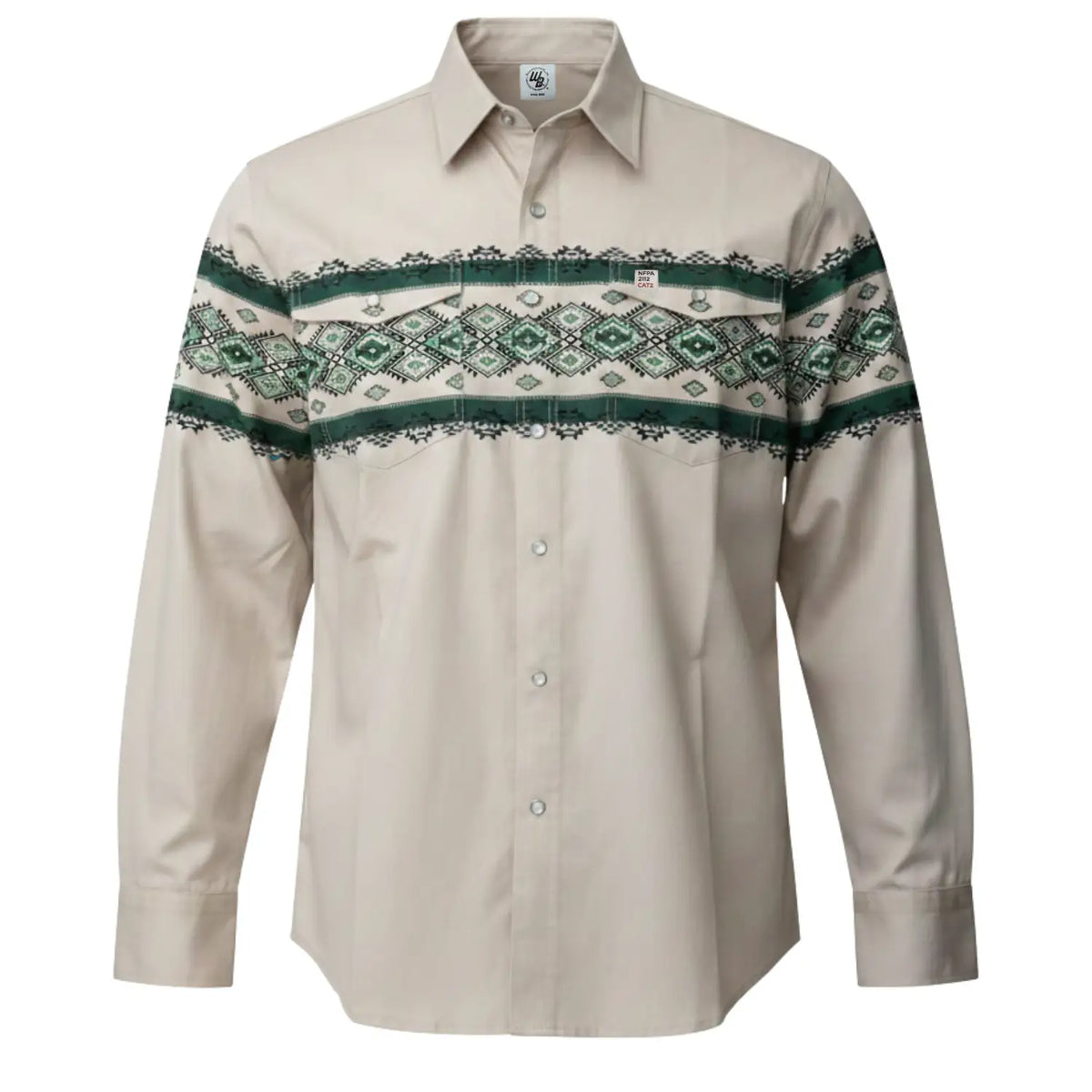 Beige shirt with green and white pattern on a white background