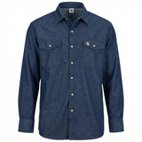 Blue denim shirt with button details on a white background