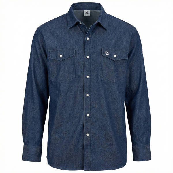 Blue denim shirt with button details on a white background