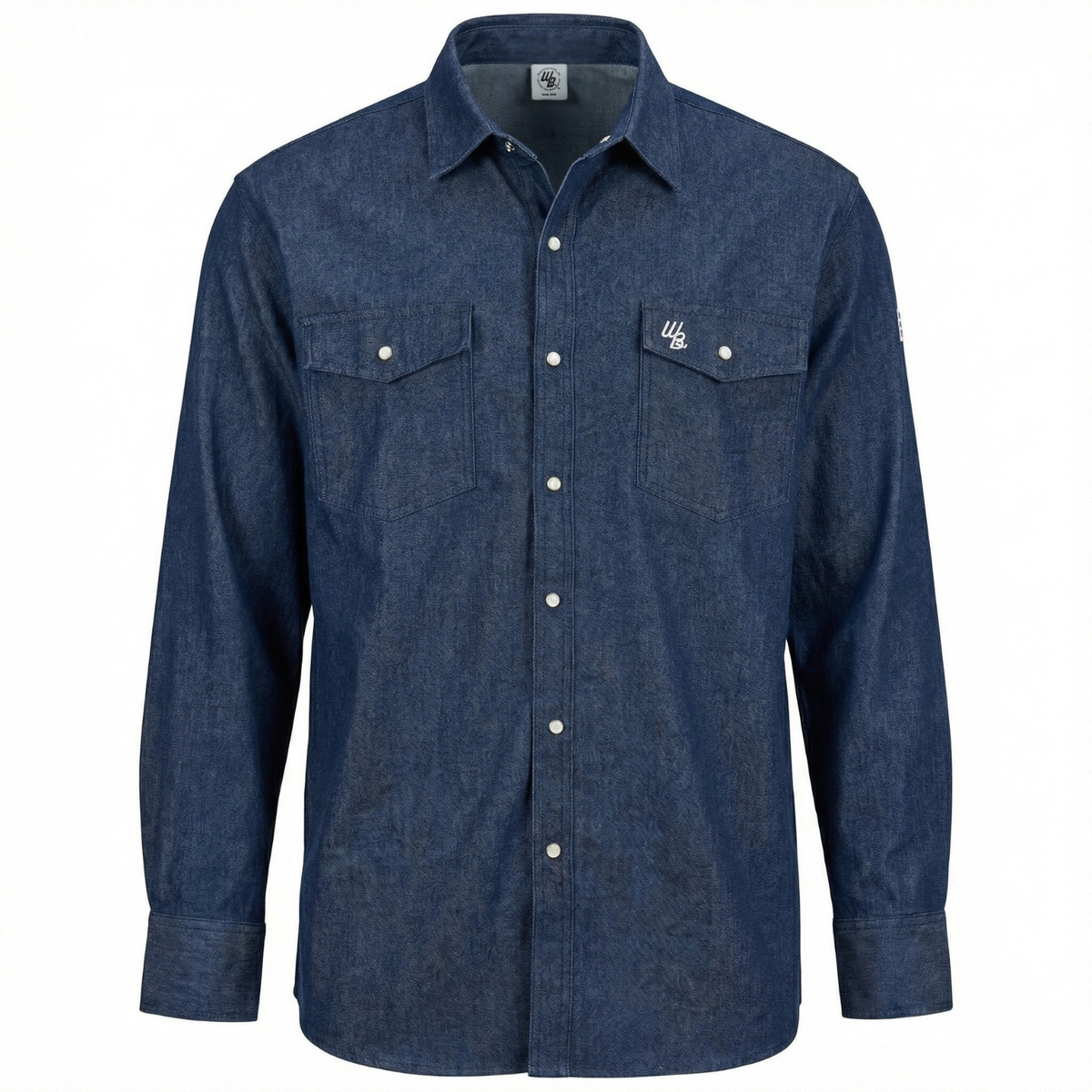 Blue denim shirt with button details on a white background