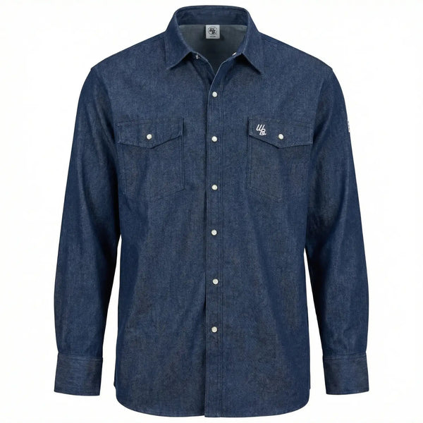 Blue denim shirt with button details on a white background
