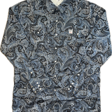 Long-sleeve shirt with a blue and black paisley pattern on a white background