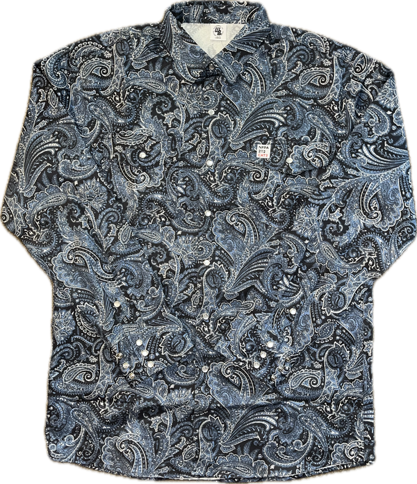 Long-sleeve shirt with a blue and black paisley pattern on a white background