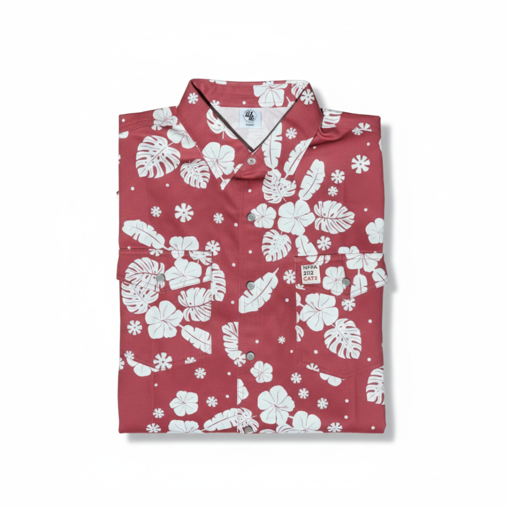 Folded red shirt with white floral pattern on a white background
