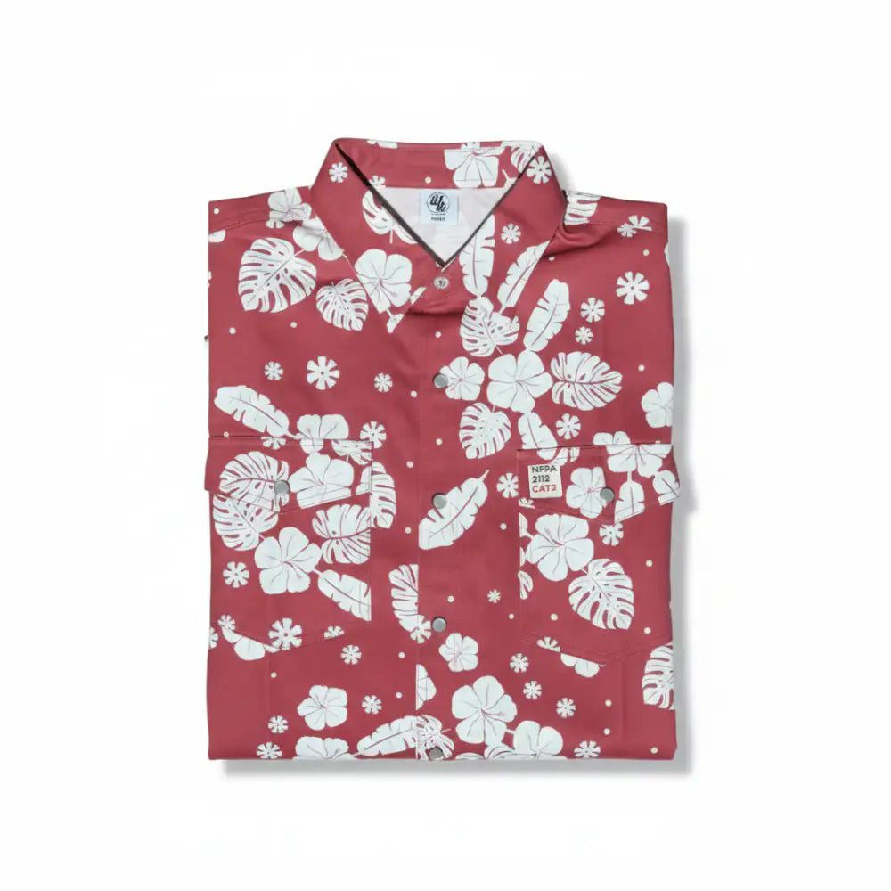 Folded red shirt with white floral pattern on a white background