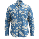 Blue shirt with white floral pattern on a white background