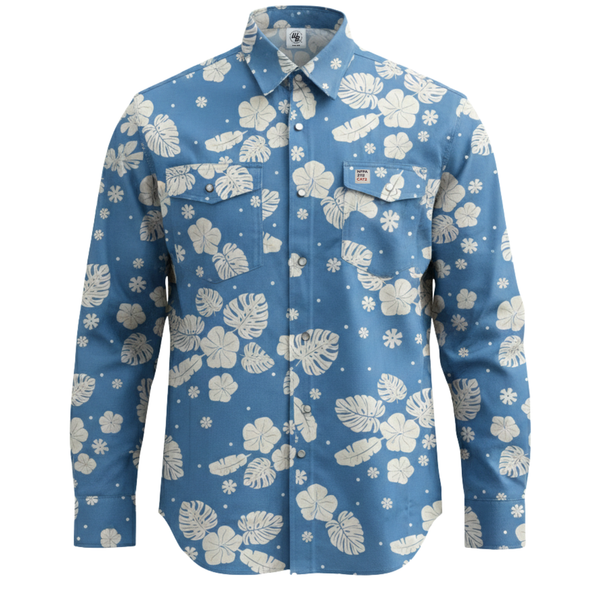 Blue shirt with white floral pattern on a white background