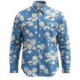 Blue shirt with white floral pattern on a white background