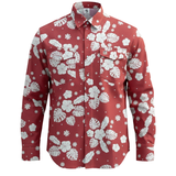 Red shirt with white floral pattern on a white background
