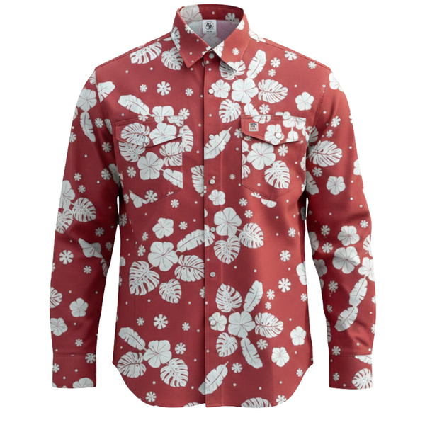 Red shirt with white floral pattern on a white background