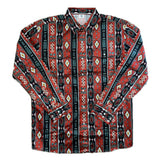 Long-sleeve shirt with a red and black geometric pattern on a white background