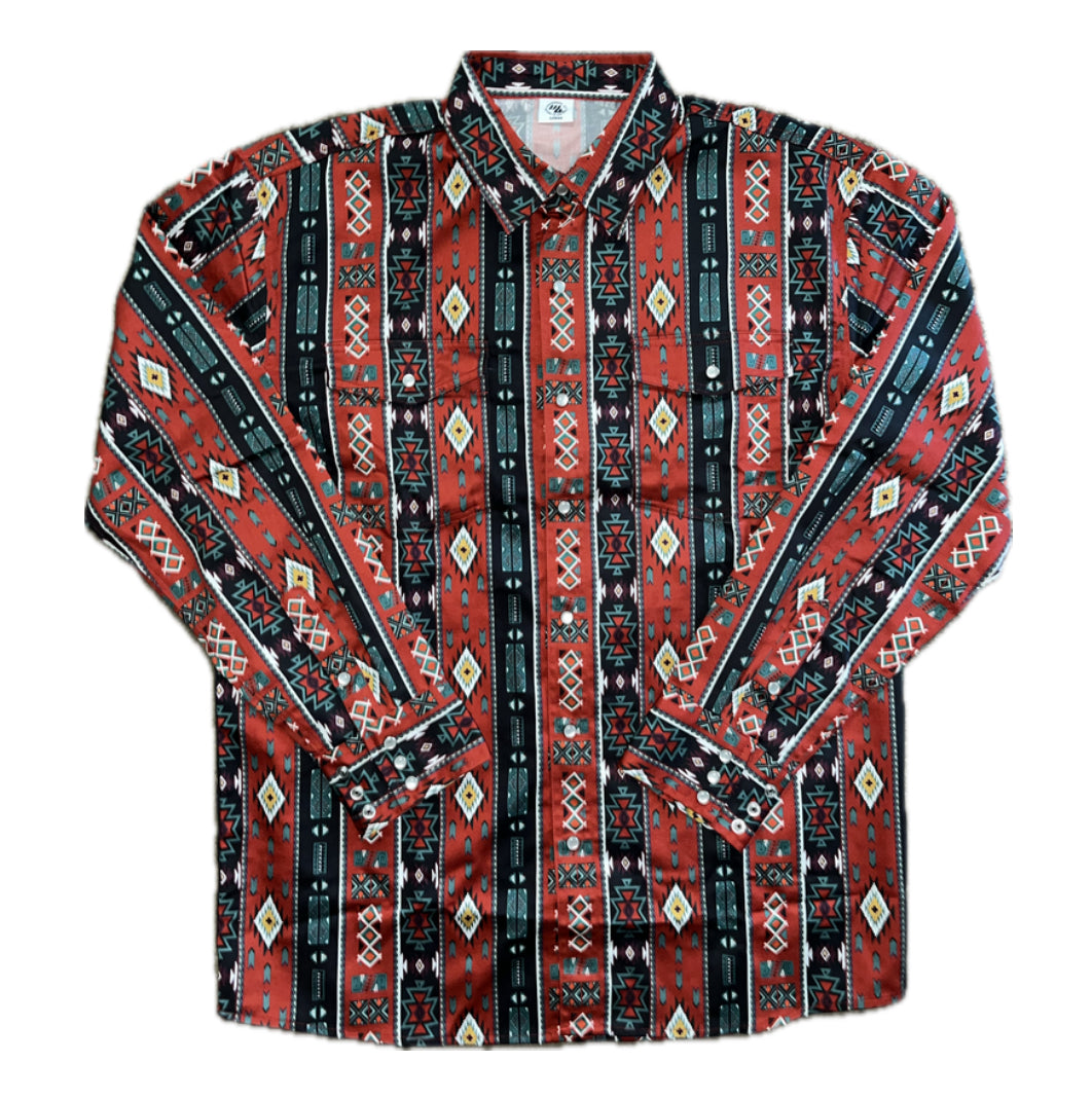 Long-sleeve shirt with a red and black geometric pattern on a white background