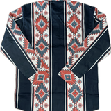 Traditional patterned jacket with red, blue, and white design on a black background