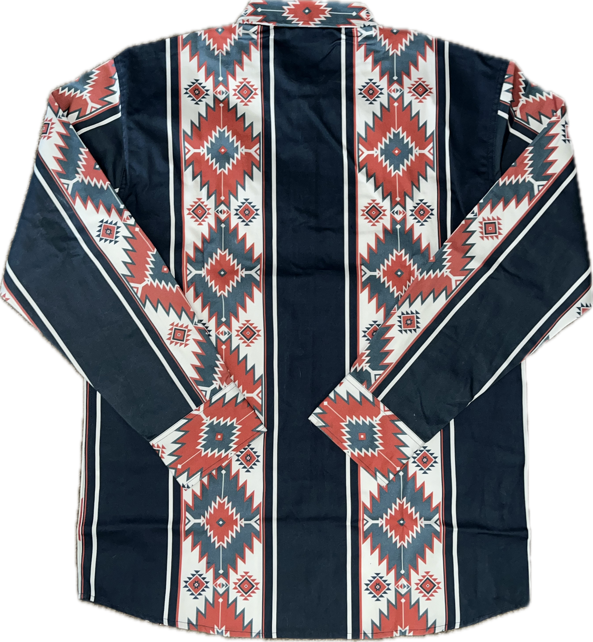 Traditional patterned jacket with red, blue, and white design on a black background