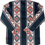 Traditional patterned jacket with red, blue, and white design on a black background