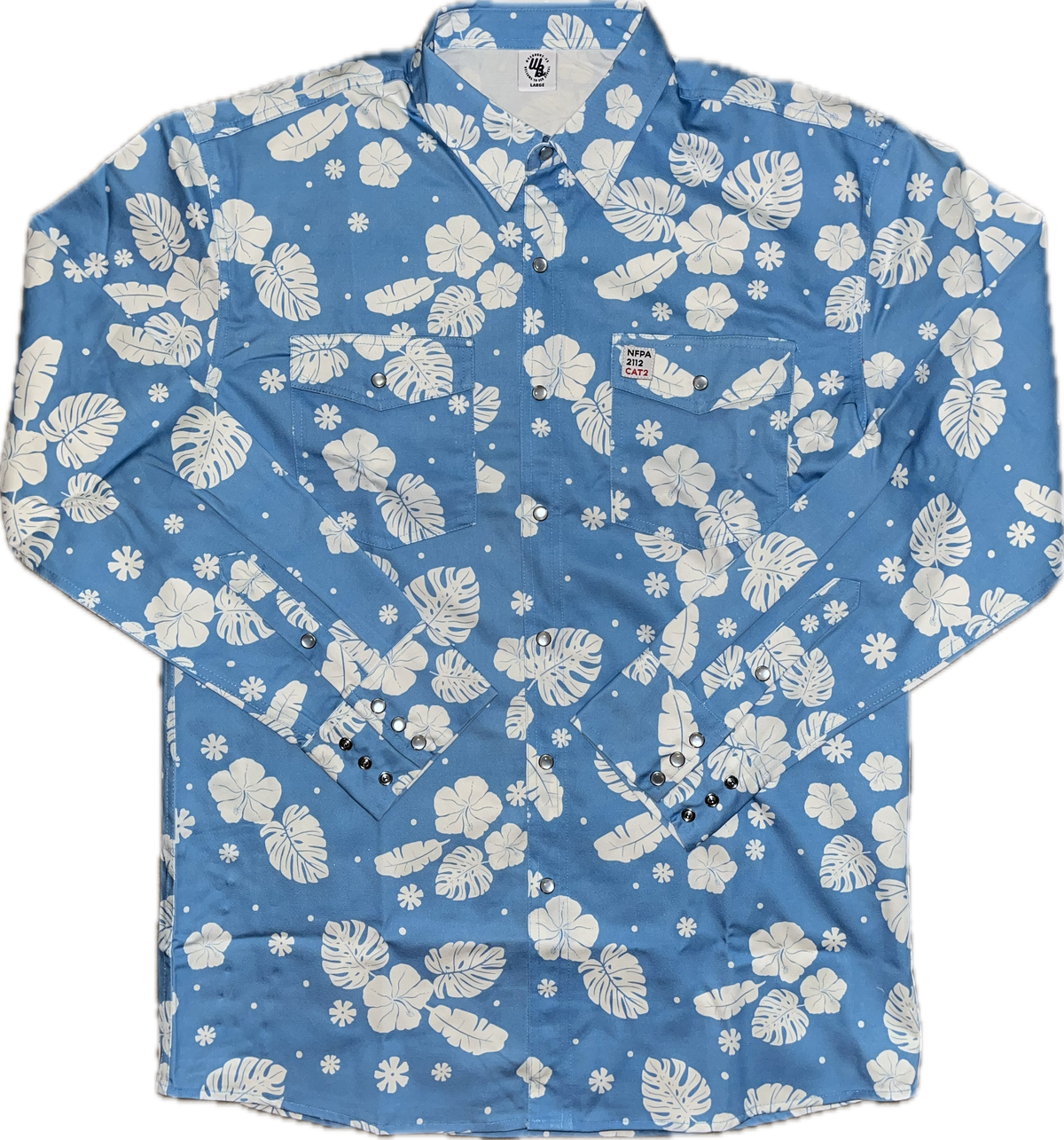 Blue shirt with white floral pattern on a white background